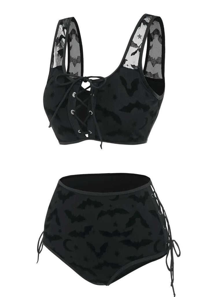Black 1980s Strap Bat Mesh Gothic Bikini Set