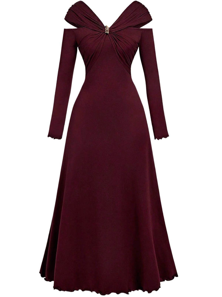 Burgundy 1940s Off-Shoulder Long Sleeve Pleated Dress