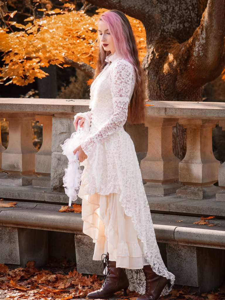 White 1980s Gigot Sleeve Victorian Lace Dress