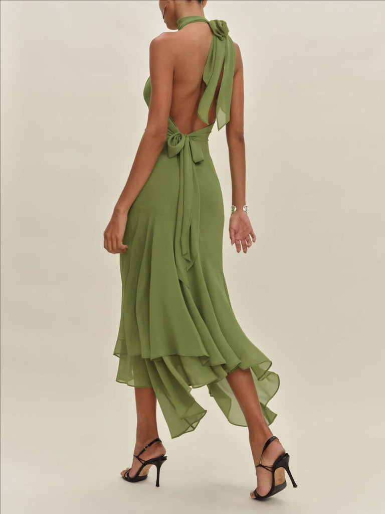 Green 1930s Halter Mesh Backless Chiffon Midi Dress