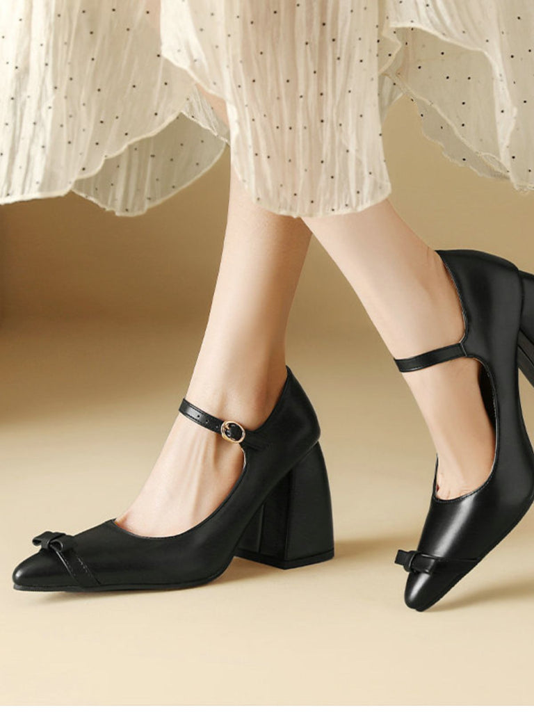 Vintage Bow Strap Point Toe Chunky Heels