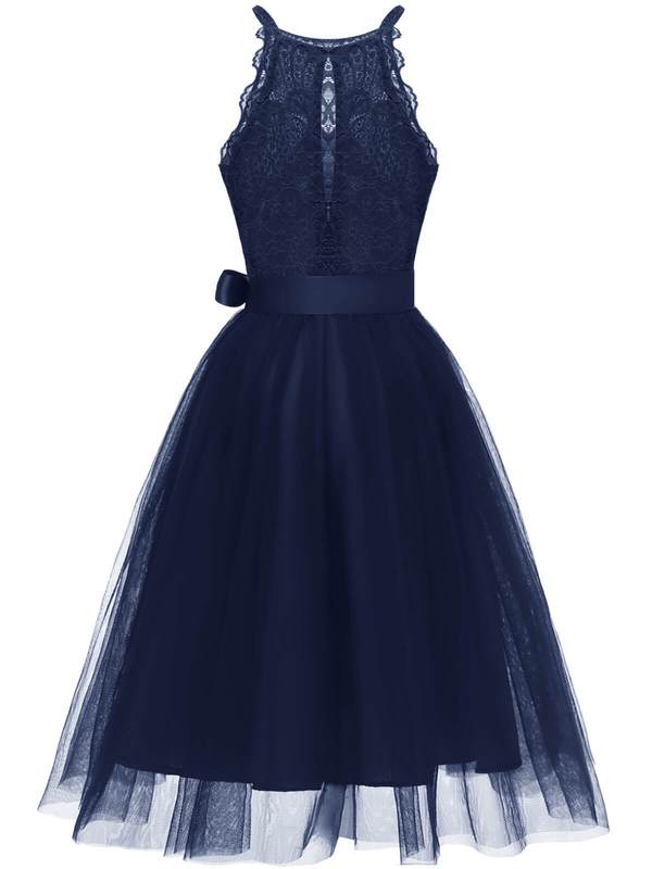 [US Warehouse] Blue 1950s Lace Belted Bow Swing Dress