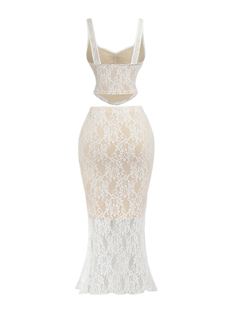 2PCS White 1980s Lace Floral V-Neck Tank & Mermaid Skirt