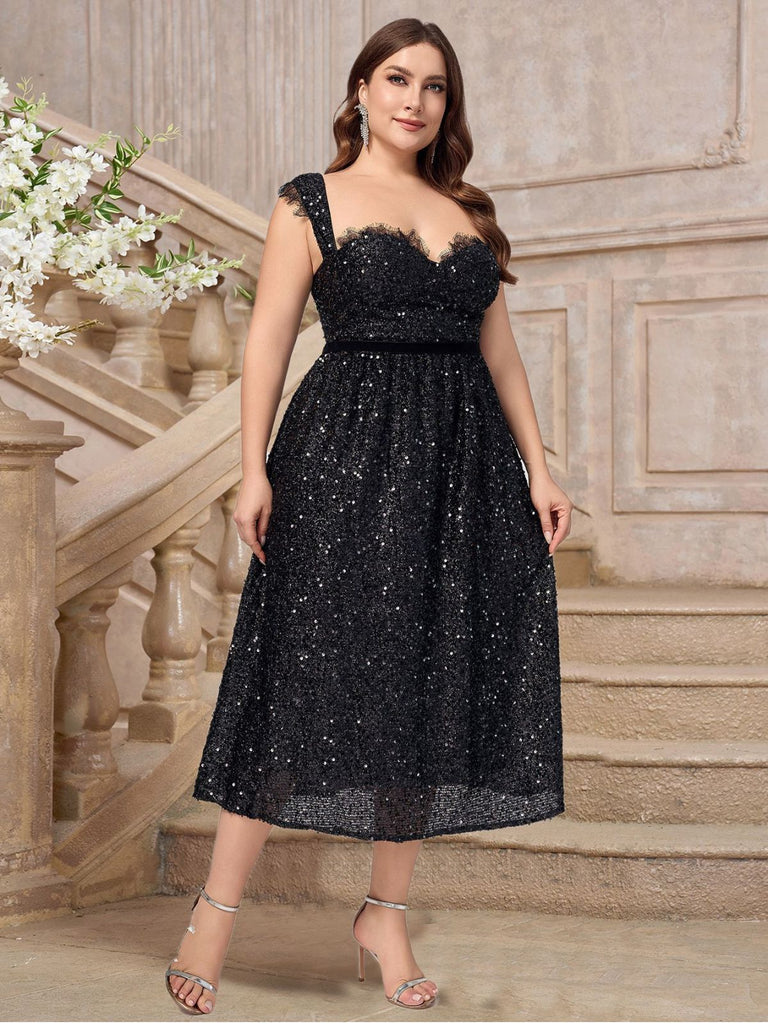 [Plus Size] Black 1940s Sequined Lace Sweetheart Neck Dress
