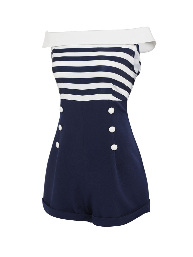 Navy Blue Patchwork Off-shoulder Striped Romper