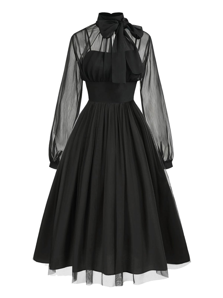 [Pre-Sale] Black 1950s Sheer Mesh Patchwork Lace-Up Dress