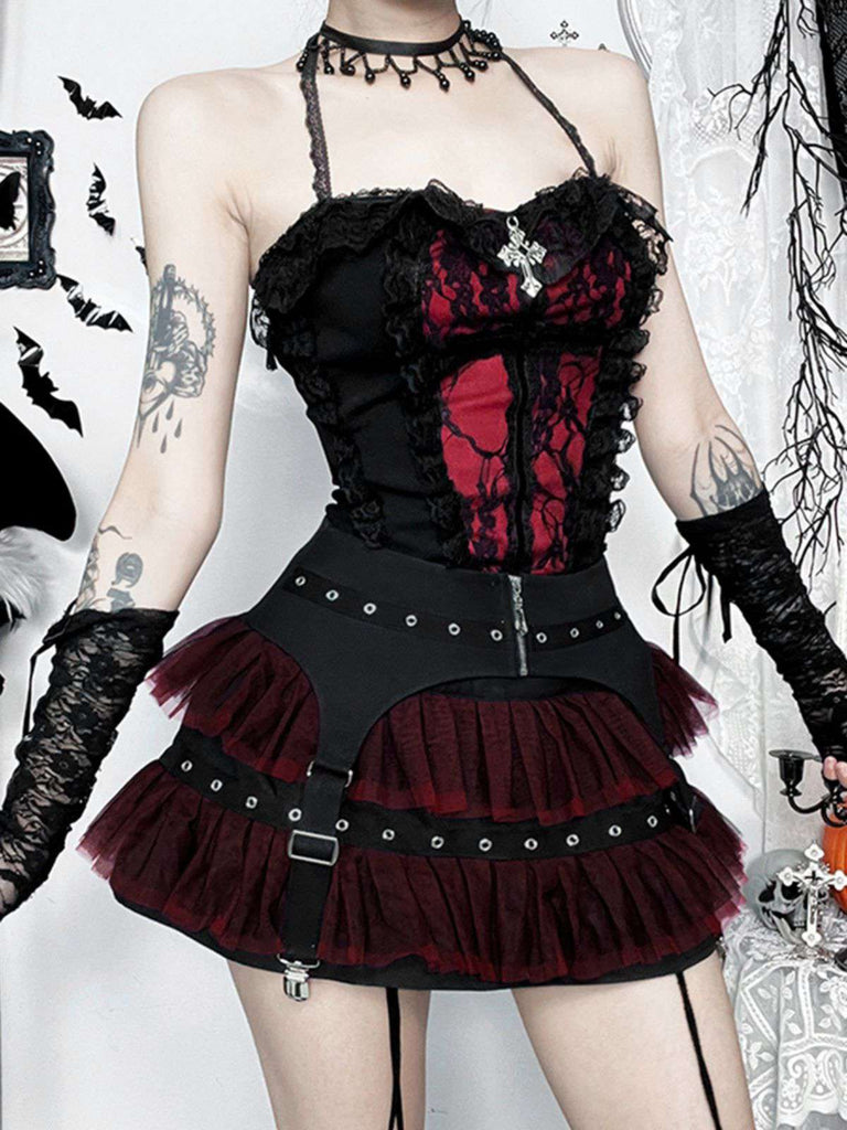 2PCS Black 1980s Gothic Steampunk Halter Cross Camisole & Mini Skirt