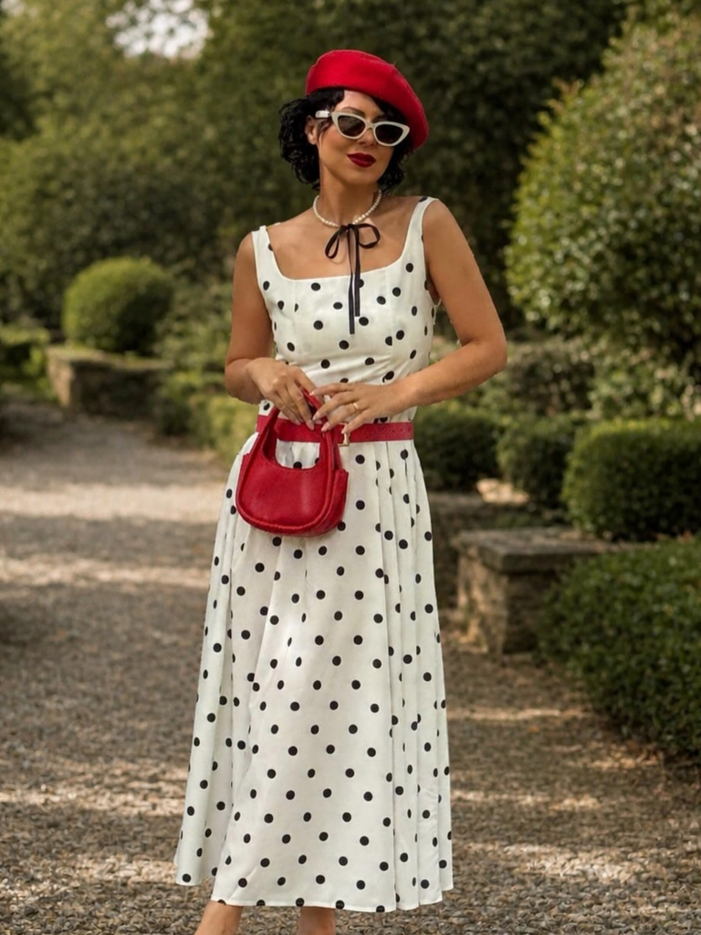 White 1950s Square Neck Polka Dot Sleeveless Pleated Dress