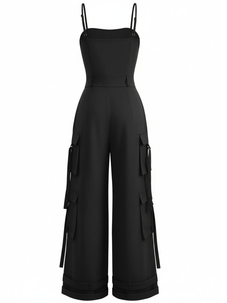 1970s Solid Spaghetti Strap Cargo Style Wide-Leg Jumpsuit