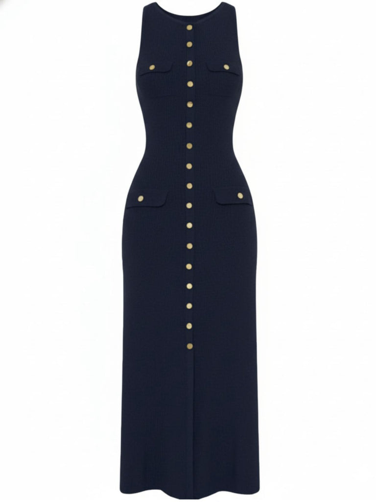 1960s Solid Sleeveless Single-Breasted Knitted Dress