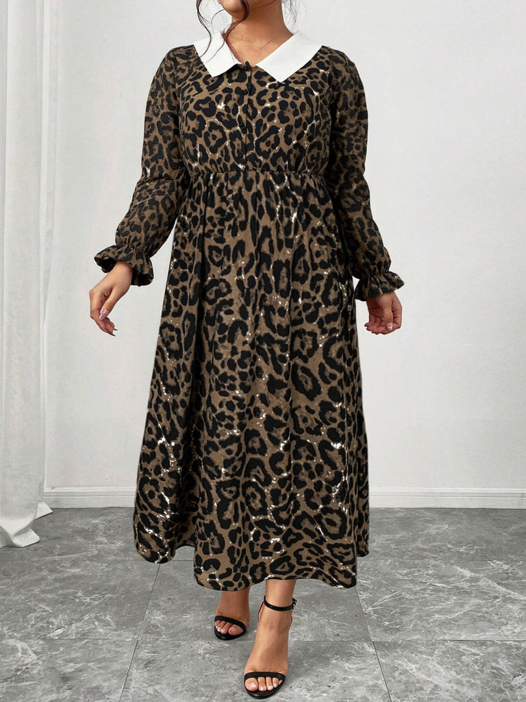 [Plus Size] 1970s Leopard Print Lapel Long Sleeve Dress