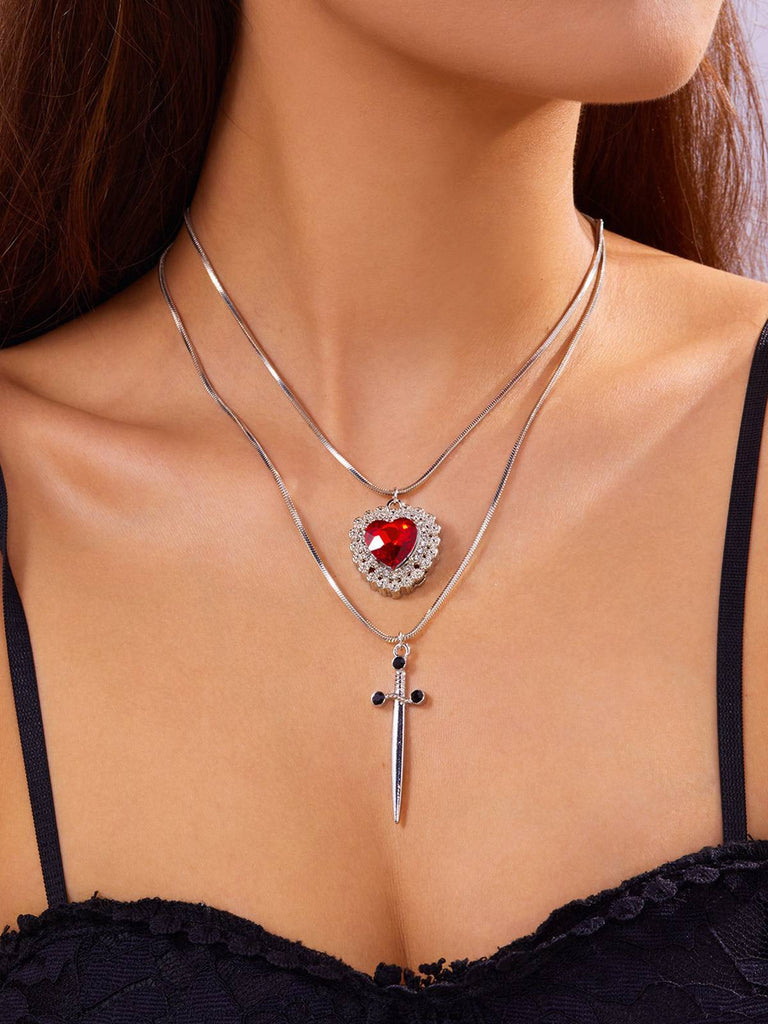 2PCS Vintage Rhinestone Heart-Shaped Ruby & Sword Necklace