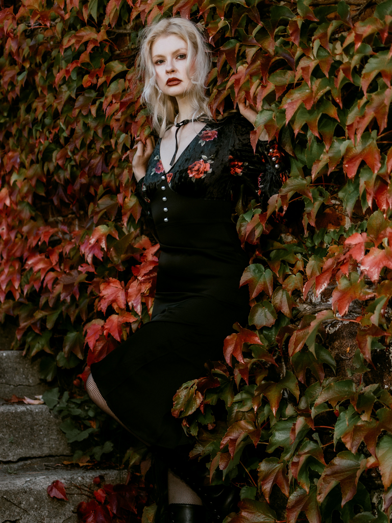 Black 1930s Rose Velvet Fishtail Dress