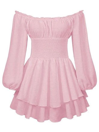 1950s Solid Off-Shoulder Long-Sleeve Smocked Mini Dress