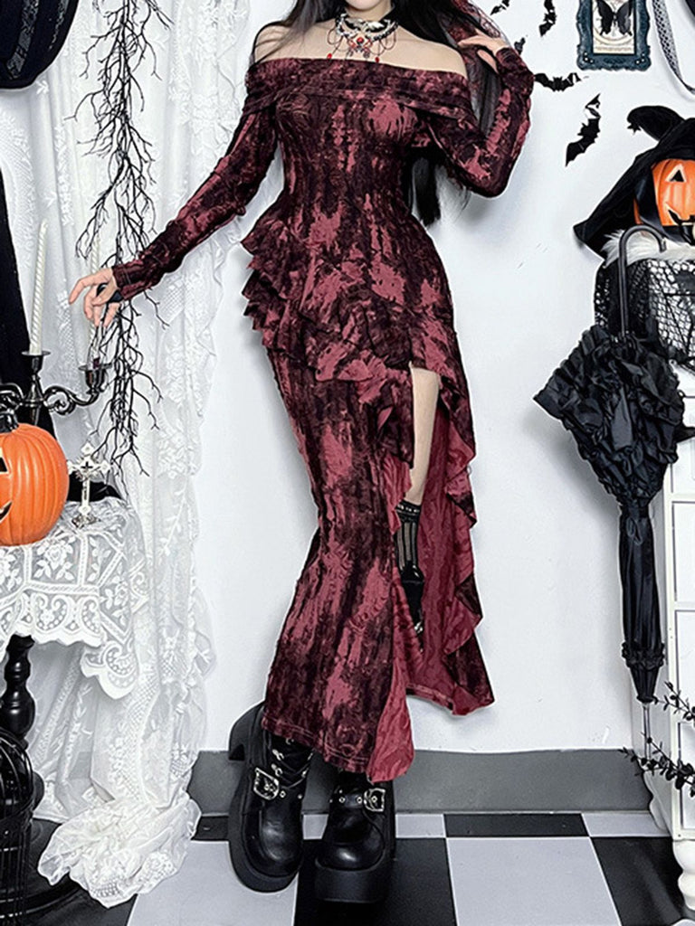 Dark Red 1980s Off Shoulder Distressed Dress