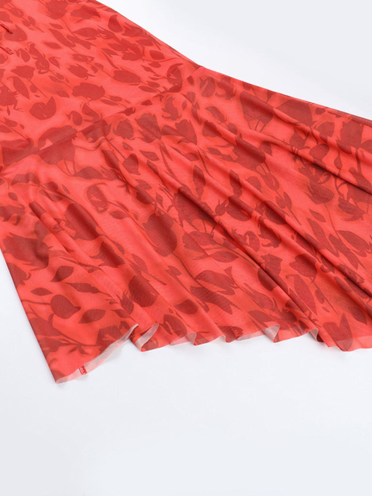 Red 1930s Spaghetti Strap Floral Dress