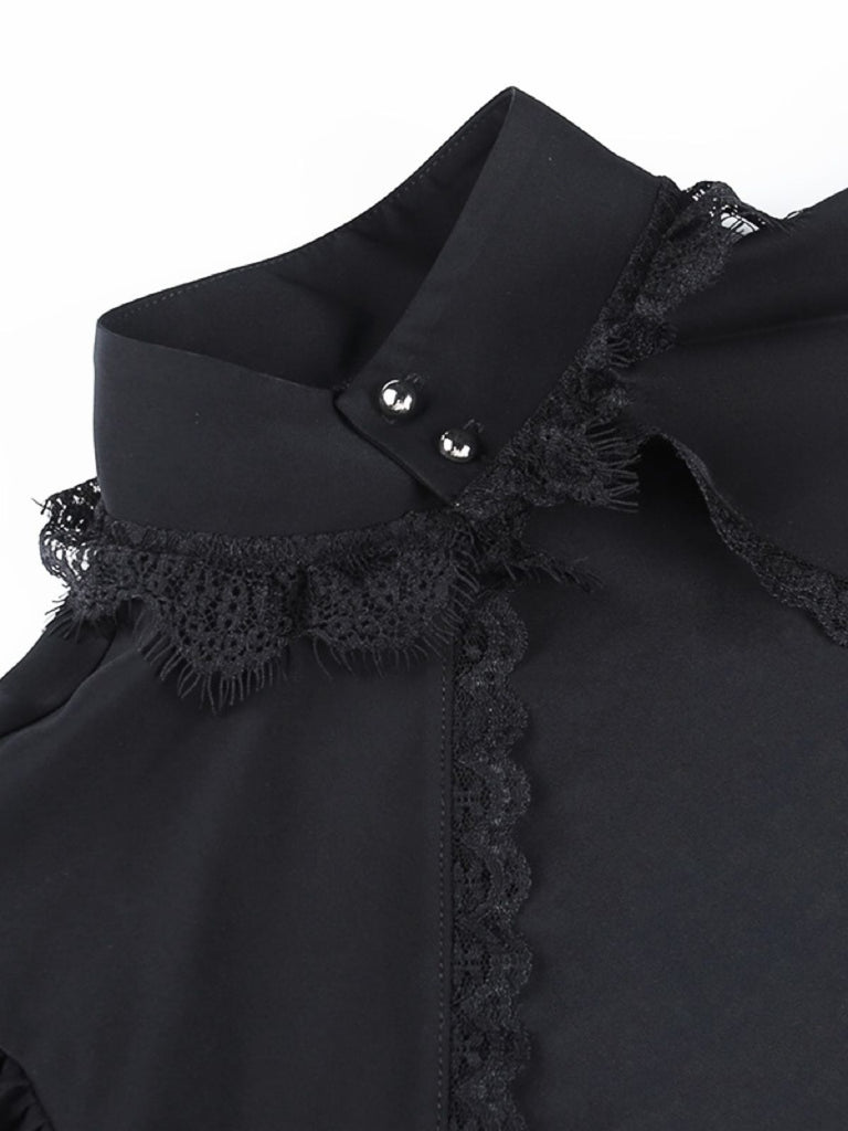 Black 1980s Gothic Lace Stand Collar Top