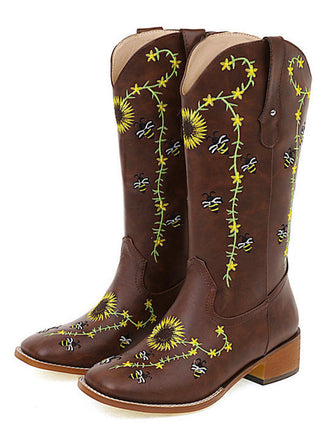 Brown Sunflower Embroidered Western Cowgirl Mid Calf Boots