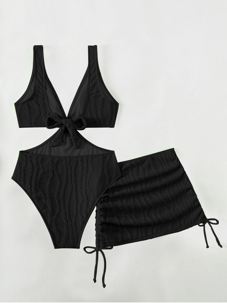 2PCS 1960s Solid Cut-Out Swimsuit & Skirt