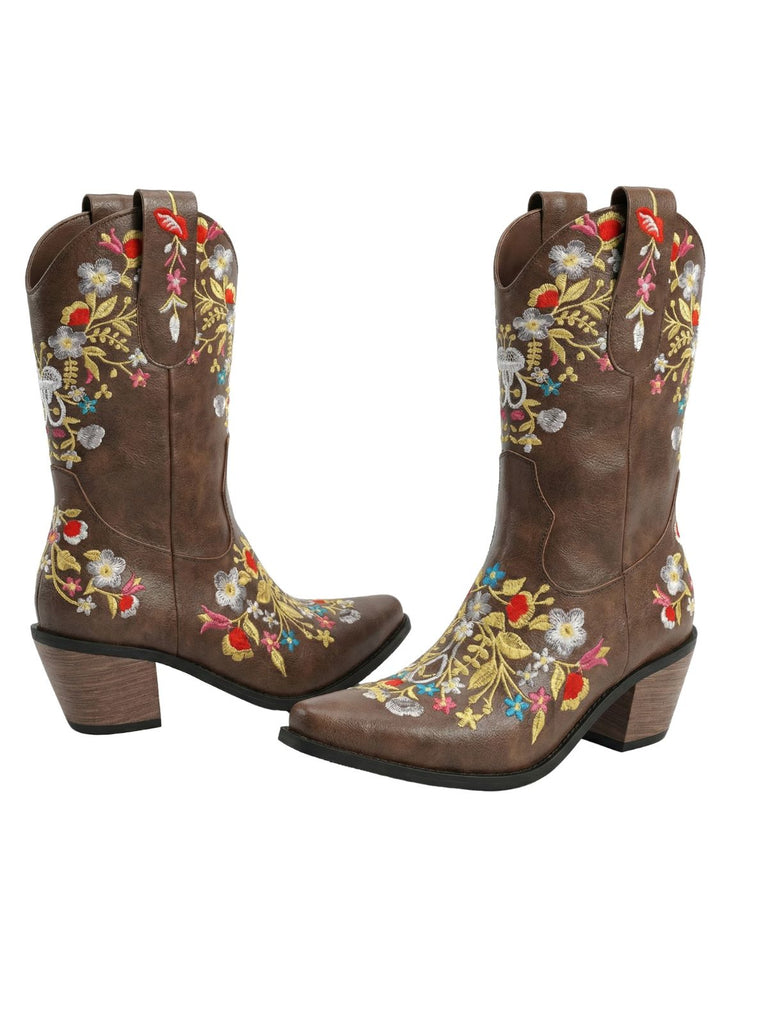Vintage Pointed Embroidered Floral Chunky Heel Boots