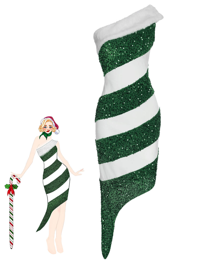 [Pre-Sale] Green 1960s Candy Cane One-Shoulder Dress