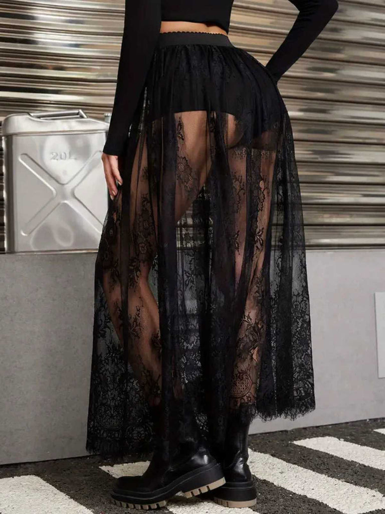 Black 1980s Gothic Sheer Lace Skirt