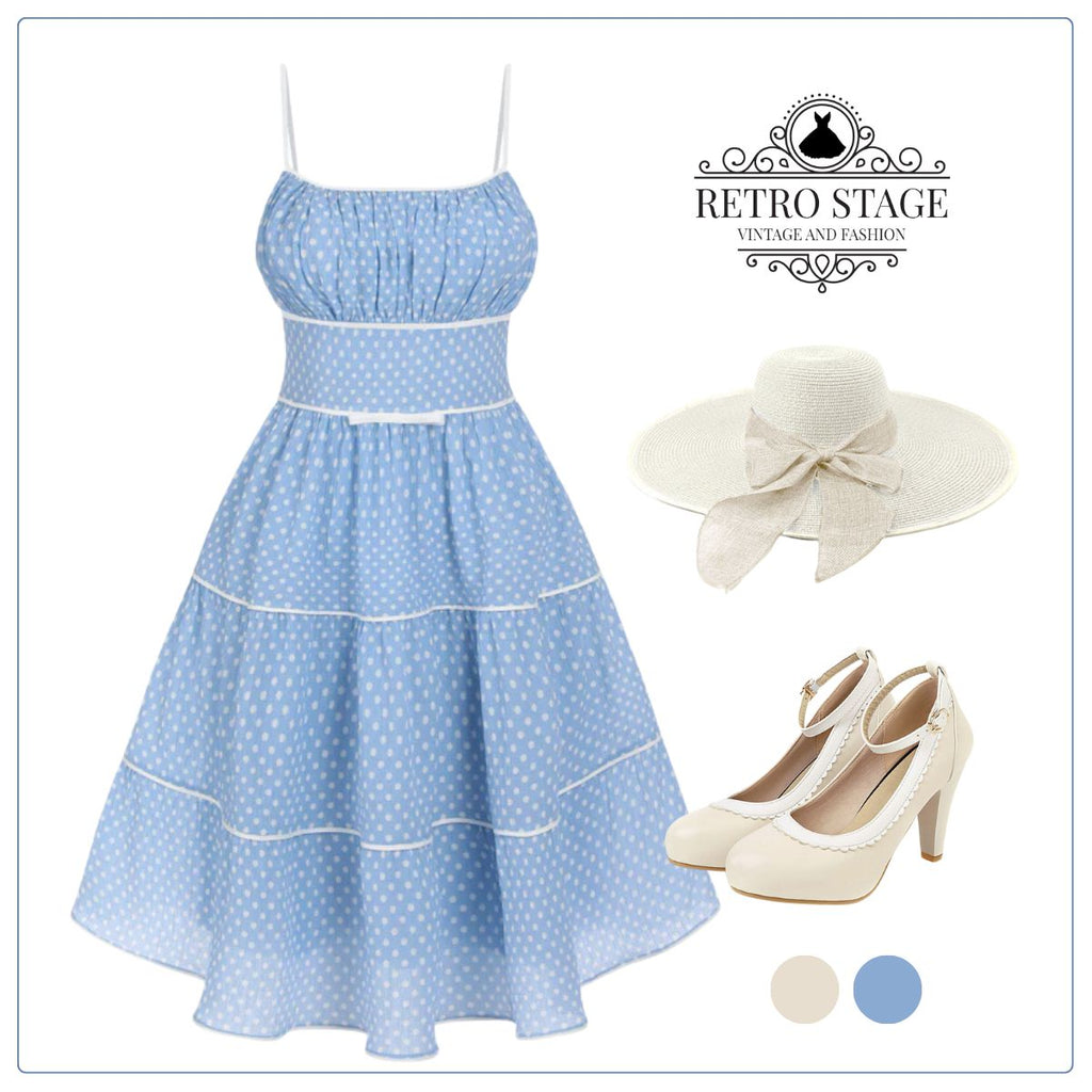 Sky Blue 1950s Strap Polka Dot Swing Dress