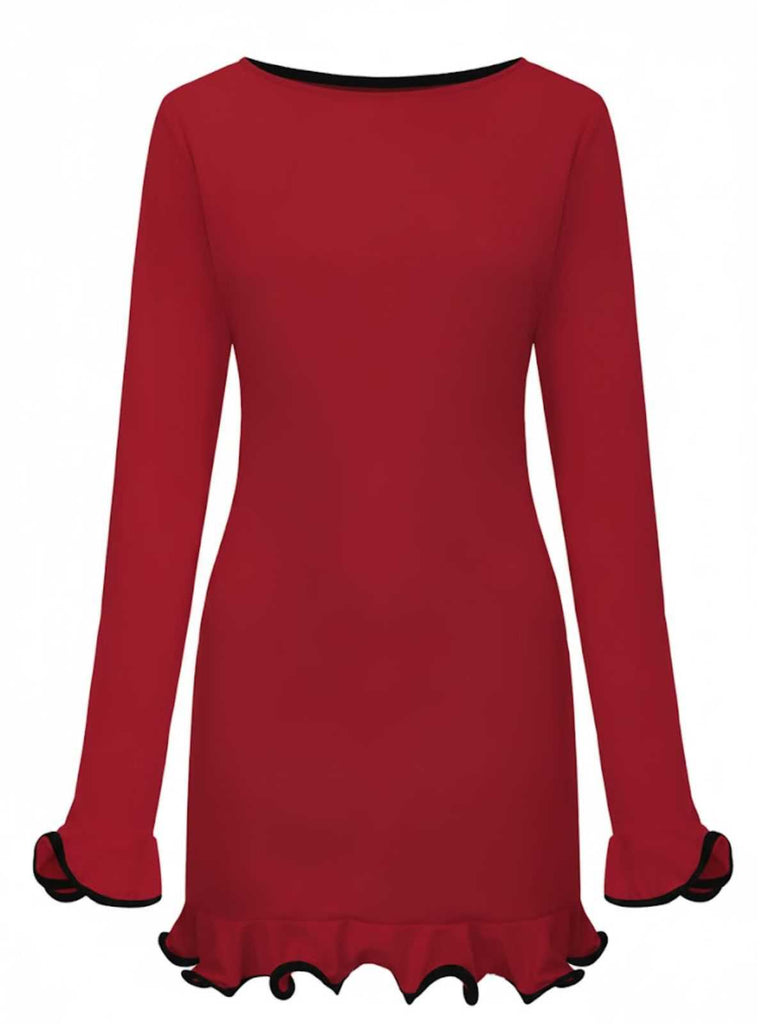 Pink 1960s Ruffle Hem Long Sleeve Dress