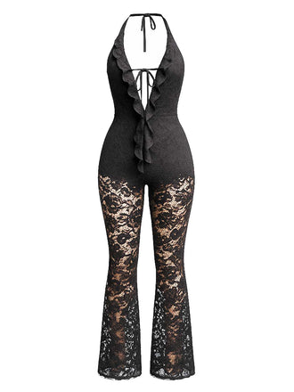Black 1970s Halter Deep V-Neck Lace Jumpsuit