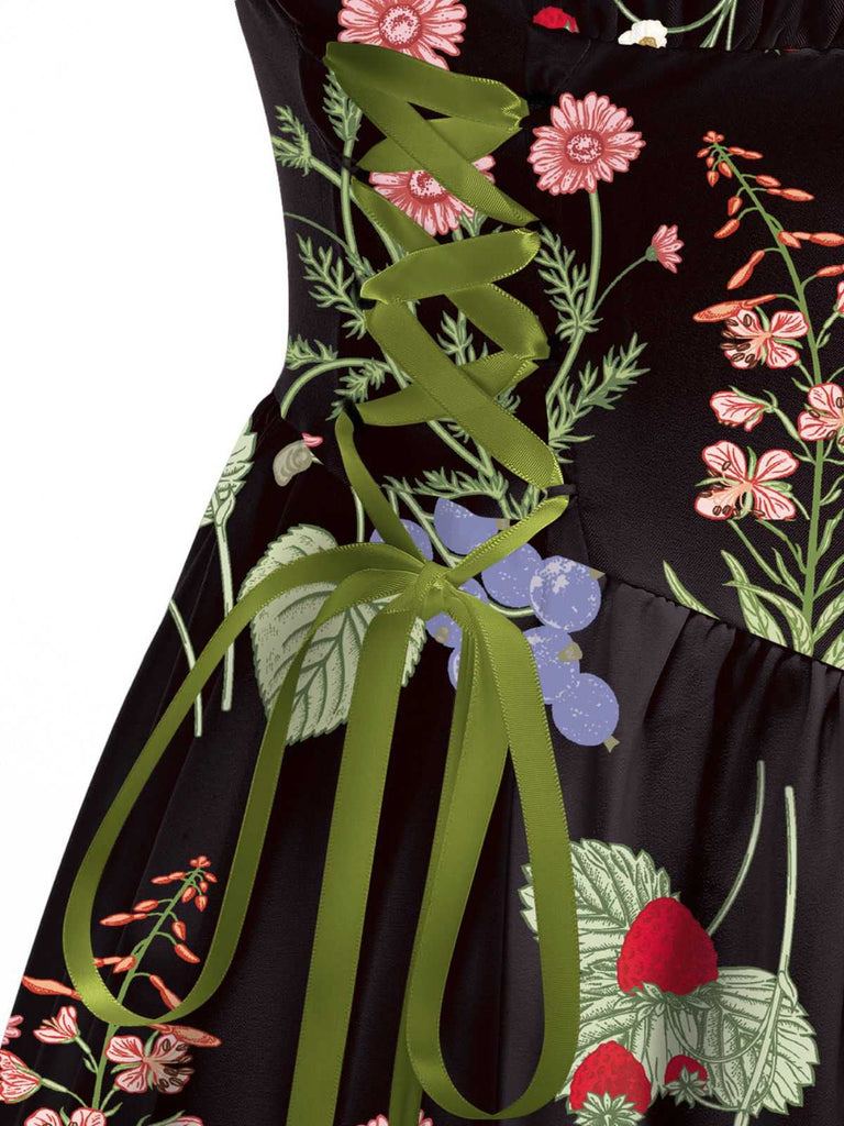 1950s Strap Floral Lace-Up Corset Dress