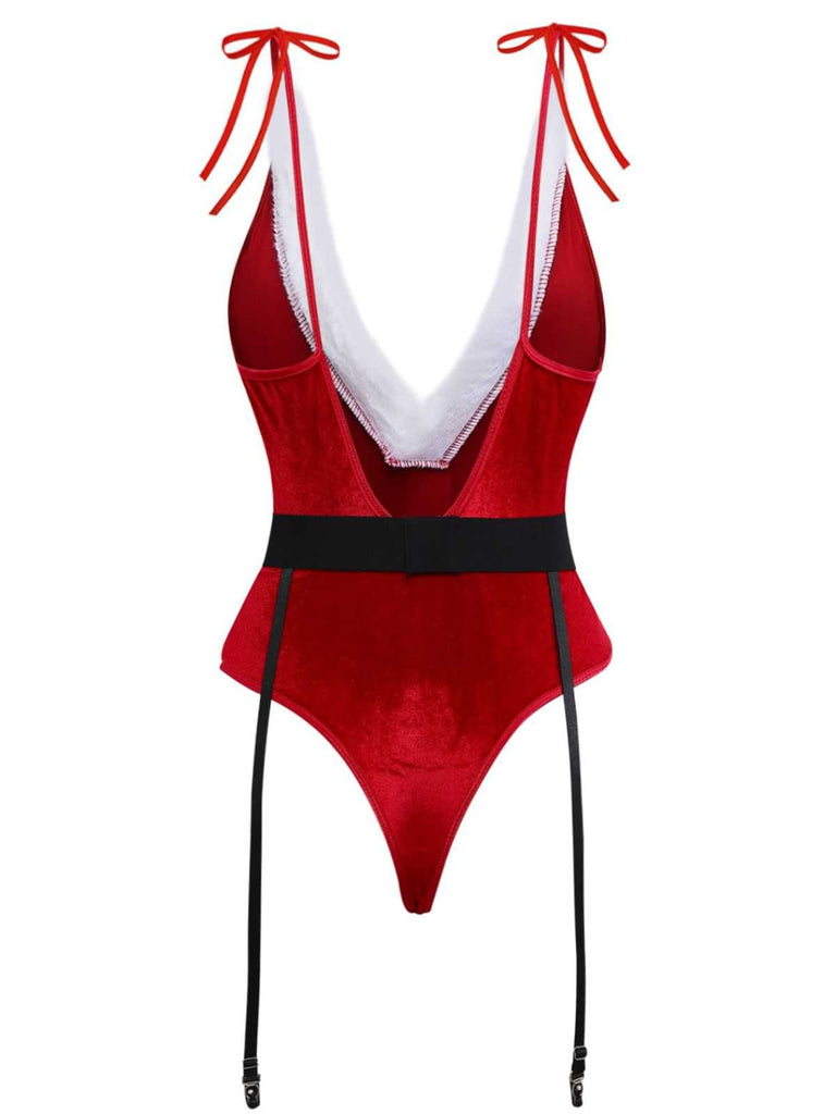 1970s Deep V-Neck Christmas Plush Bodysuit With Hat