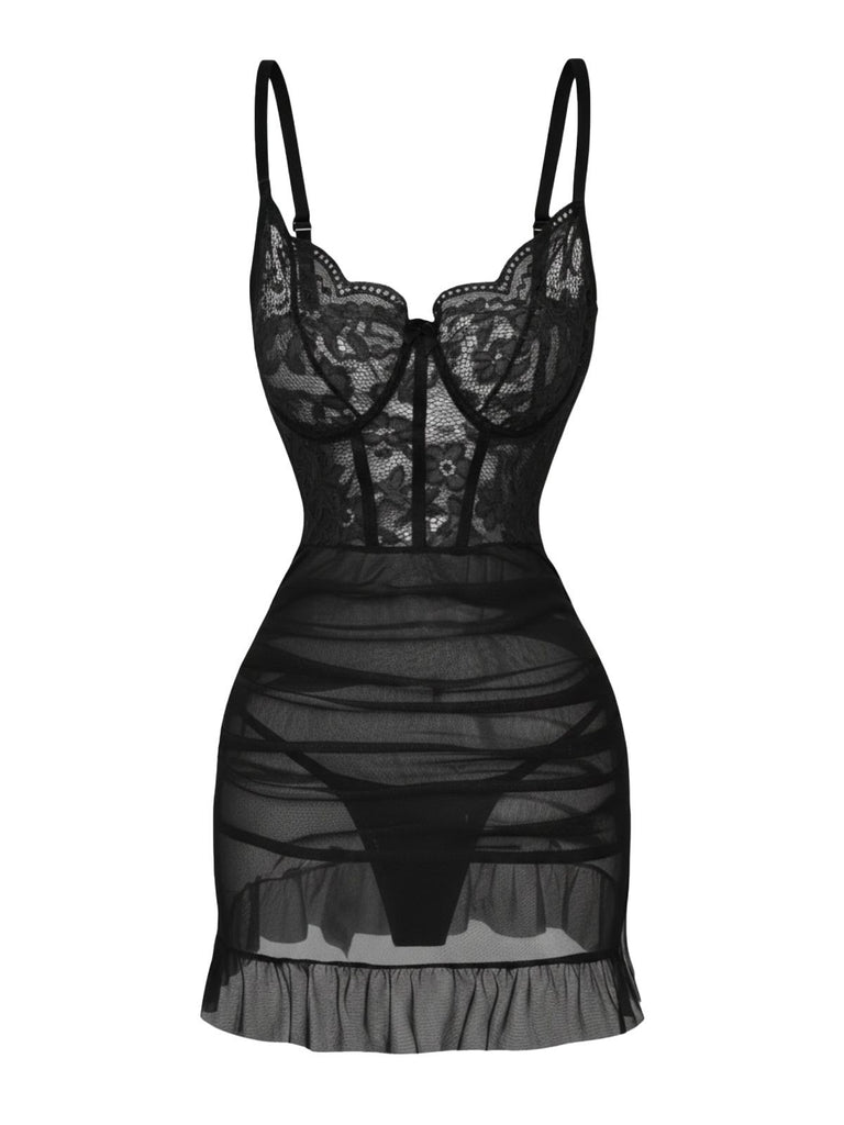 1980s Slip Lace Underwire Sheer Ruffle Nightgown