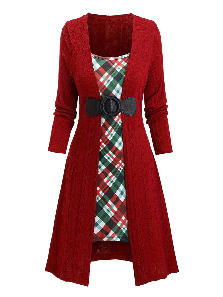 [Plus Size] 1940s Bow Plaid Knit Dress
