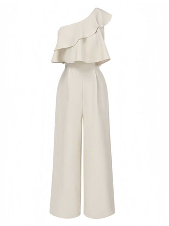 Beige 1970s One-Shoulder Tiered Ruffles Jumpsuit