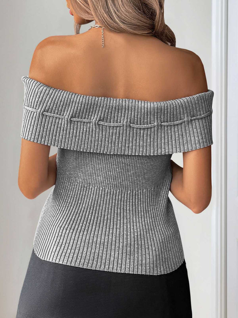 Grey 1950s Off-Shoulder Knitted Top