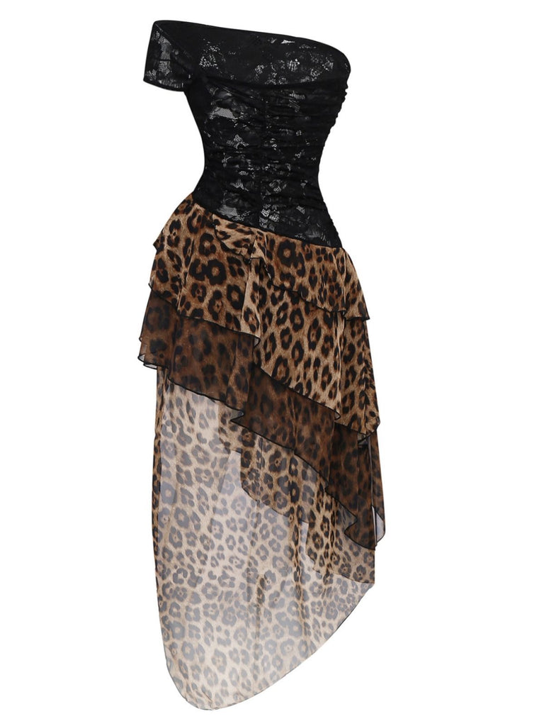 Black 1980s Lace Leopard Print Asymmetrical Dress