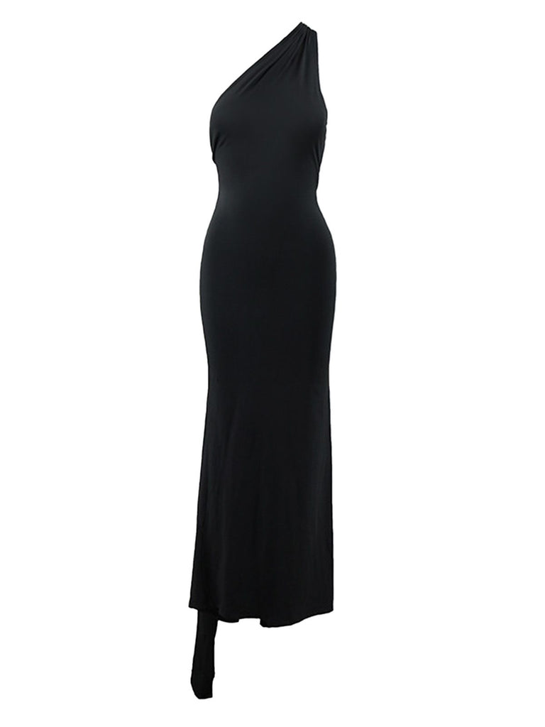 1980s Solid One-Shoulder Evening Backless Dress with Train