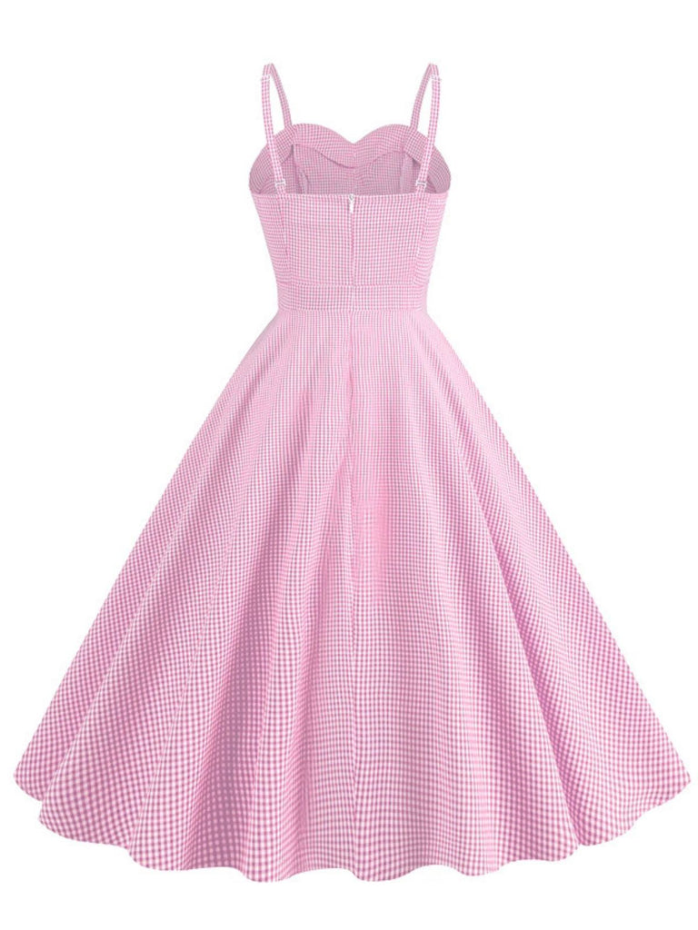 1950s Spaghetti Strap Plaids Button Swing Dress