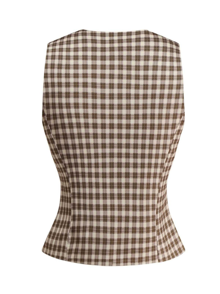 2PCS Brown 1960s Gingham Plaid Pleated Vest & Skirt