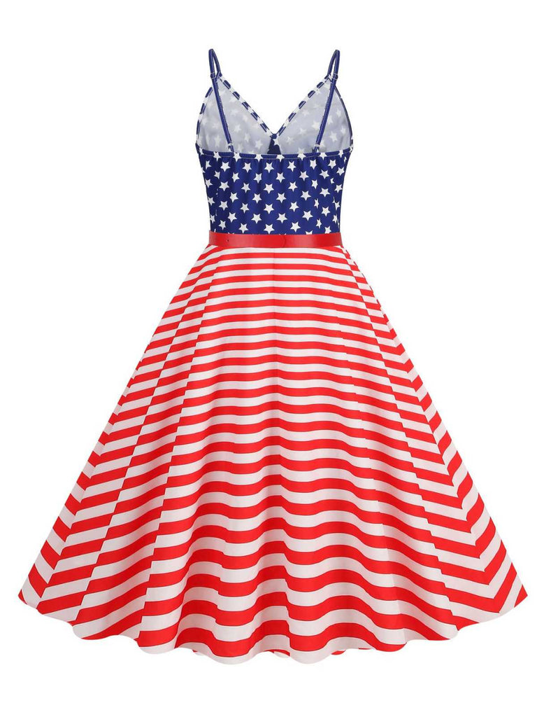 1950s V-Neck Star Stripes Flag Belted Swing Dress