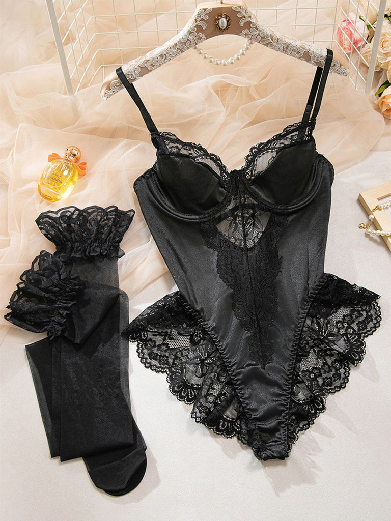 [Pre-Sale] Black 1980s Slip Satin Lace Underwire Lingerie With Stockings