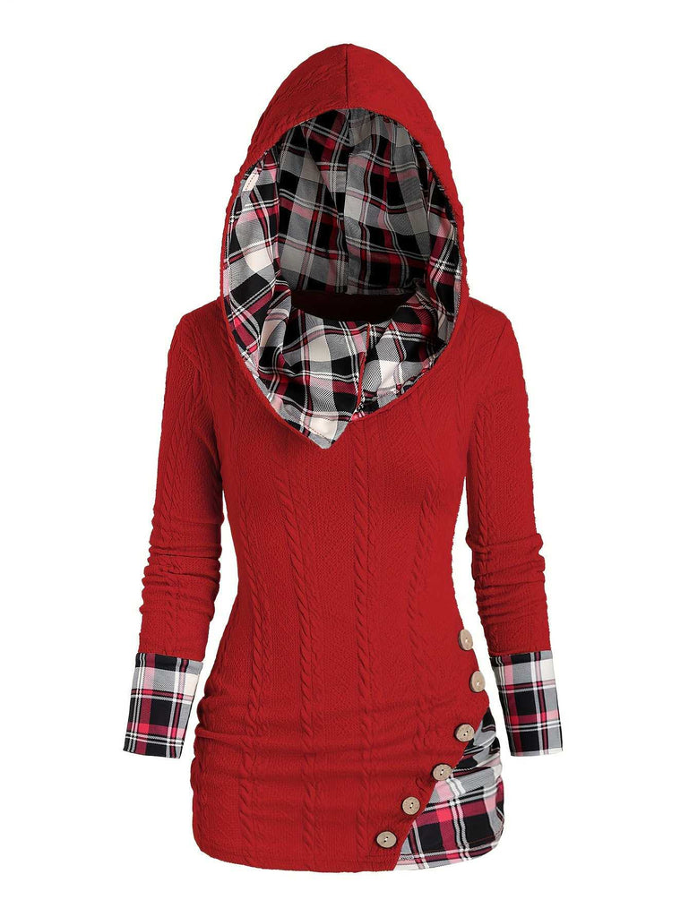 1940s Knit Plaid Button Hooded Sweater