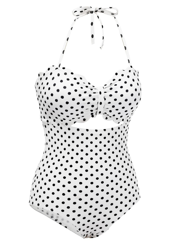 White 1940s Polka Dot Lace Up Halter Swimsuit