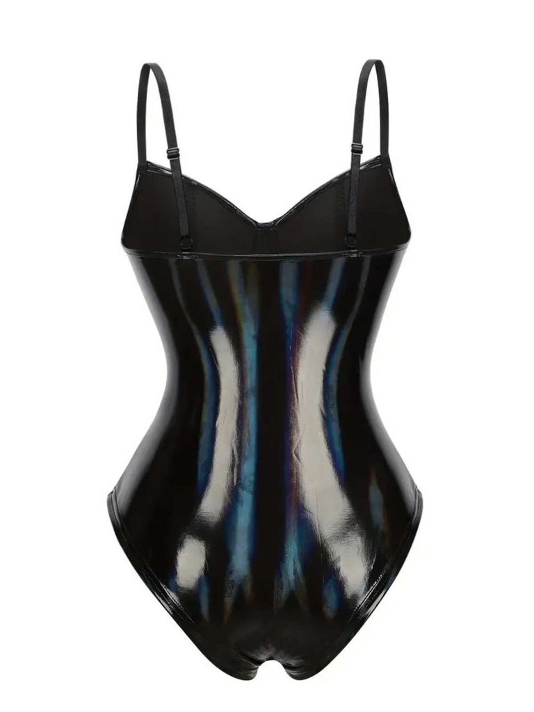 Black 1980s Spaghetti Strap Leather Bodysuit