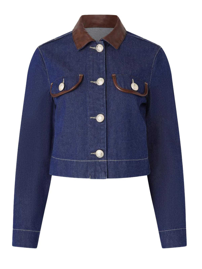 1950s Leather Collar Pocket Denim Jacket