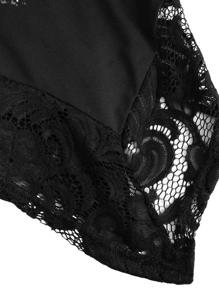 [Plus Size] Black 1970s Solid Heart Button Lace Tunic Top