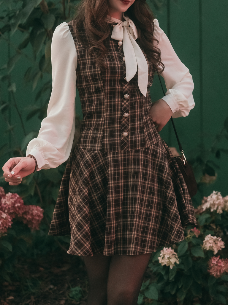 Brown 1960s Plaid Bow Tie Button Swing Dress
