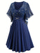 [Plus Size] Navy Blue 1970s Star Print Ruffle Flounce Sleeve Dress