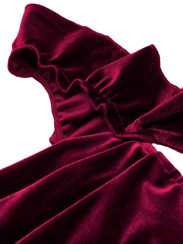 1940s Velvet Ribbon Strap Ruffled Detail Dress