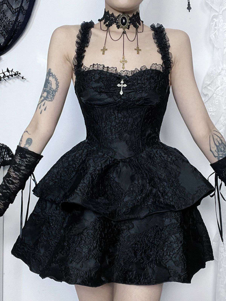 Black 1950s Square Neck Lace Print Cross Bubble Dress